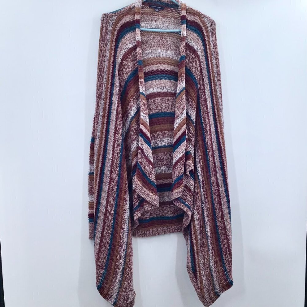 Women's L Duster Lagenlook Sweater Autumn/Winter Long Striped Neutral Knit Boho